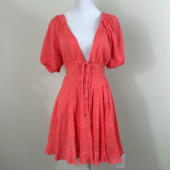 Free People Dresses & Skirts - NWT Free People Coral puff sleeve tie back v neck mini dress size small
